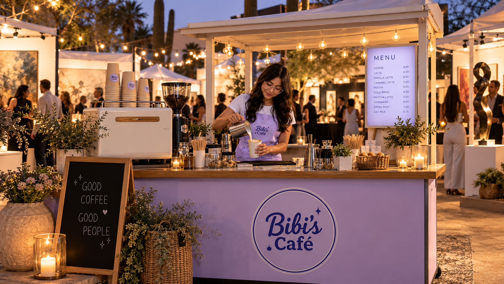 Bibi's Café cart at a twilight art market